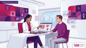 رسم توضيحي يظهر طبيب يشرح للمريض مخاطر نحت البطن وإبراز العضلات داخل عيادة طبية حديثة 