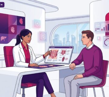 رسم توضيحي يظهر طبيب يشرح للمريض مخاطر نحت البطن وإبراز العضلات داخل عيادة طبية حديثة 