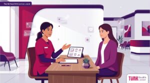 رسم توضيحي يشرح فيه الطبيب للمريض مخاطر ابتسامة هوليود في تركيا في عيادة طبية حديثة 