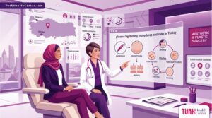 رسم توضيحي يظهر طبيباً يشرح مخاطر الشد بالبلازما في تركيا لمريض داخل عيادة حديثة بأسلوب فيكتور راقٍ 