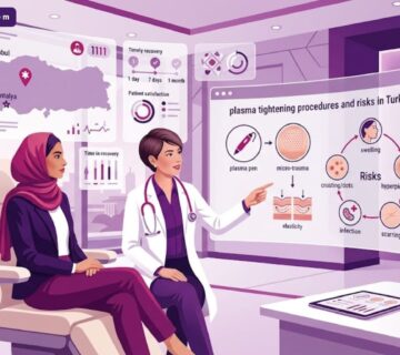 رسم توضيحي يظهر طبيباً يشرح مخاطر الشد بالبلازما في تركيا لمريض داخل عيادة حديثة بأسلوب فيكتور راقٍ 