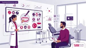 رسوم توضيحية عصرية لطبيب يشرح مخاطر تبييض الأسنان بالليزر في تركيا للمريض داخل عيادة فاخرة 