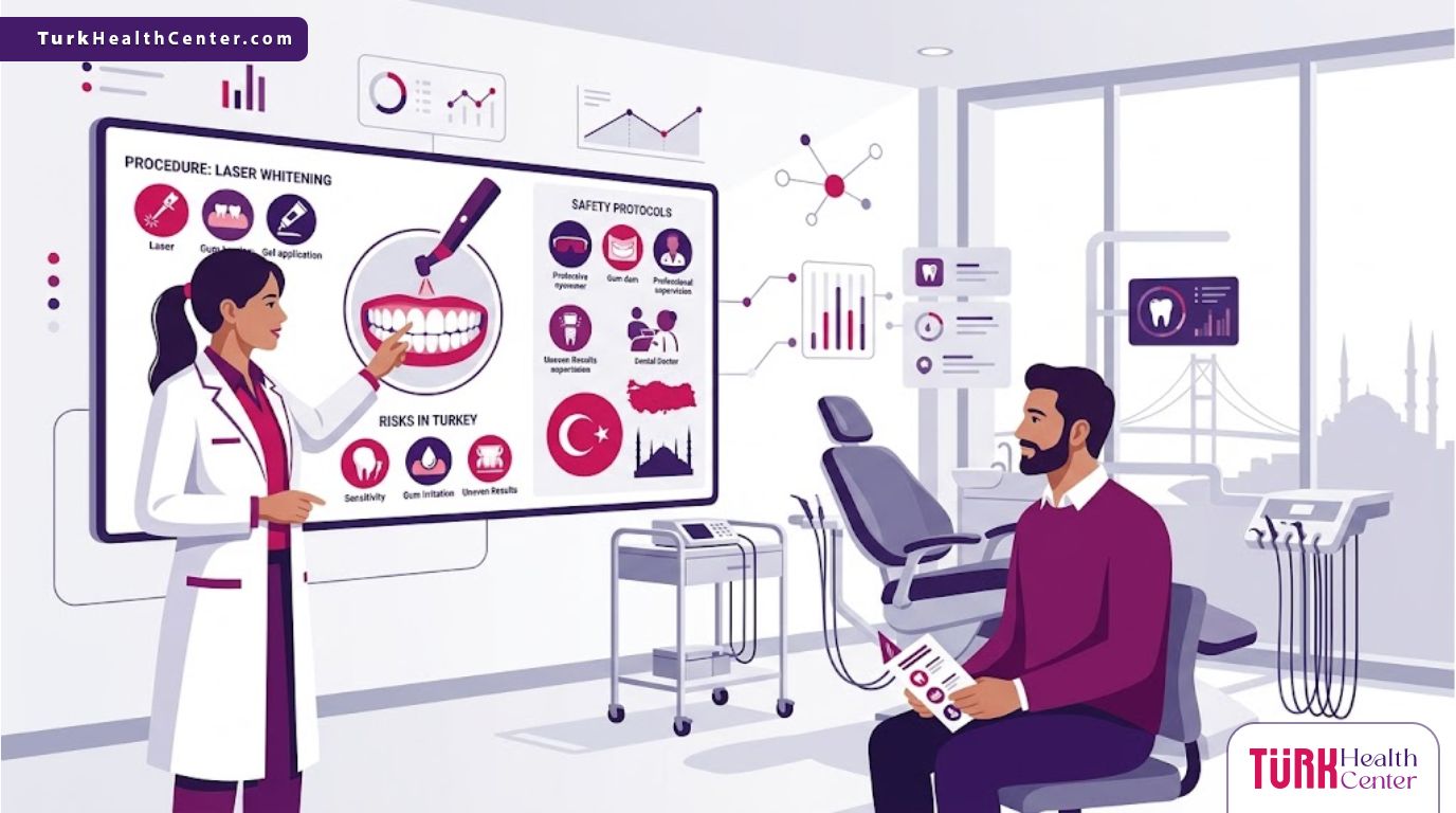 رسوم توضيحية عصرية لطبيب يشرح مخاطر تبييض الأسنان بالليزر في تركيا للمريض داخل عيادة فاخرة