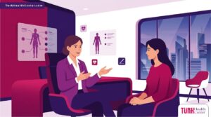 رسوم توضيحية فاخرة لطبيب يشرح مخاطر تجميل الجسم في تركيا لمريض في عيادة حديثة 