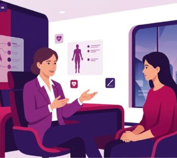 رسوم توضيحية فاخرة لطبيب يشرح مخاطر تجميل الجسم في تركيا لمريض في عيادة حديثة 