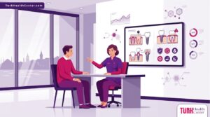 رسم توضيحي يظهر طبيب يشرح للمريض كيفية تجنب مخاطر تركيبات الأسنان في تركيا داخل عيادة حديثة 