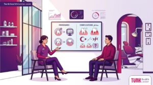 رسم توضيحي يظهر طبيب يشرح مخاطر تيجان الزيركون في تركيا لمريض داخل عيادة فاخرة بألوان أرجوانية 