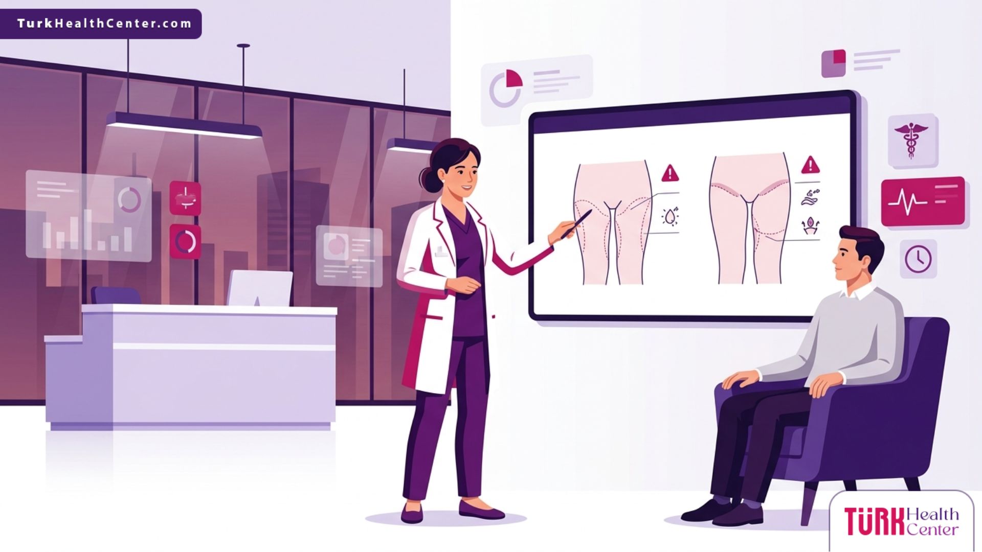 رسم توضيحي طبي متطور يظهر طبيباً يشرح للمريض كيفية تجنب مخاطر شد الأفخاذ في تركيا داخل عيادة حديثة 