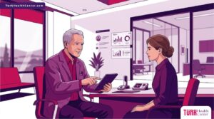 رسوم توضيحية فنية لطبيب يشرح للمريض معايير الأمان لتجنب مخاطر شد البطن الكامل في تركيا داخل عيادة فاخرة 