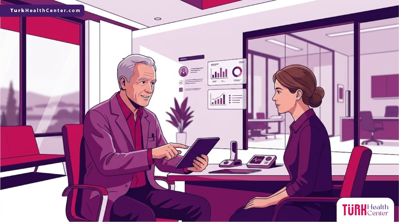 رسوم توضيحية فنية لطبيب يشرح للمريض معايير الأمان لتجنب مخاطر شد البطن الكامل في تركيا داخل عيادة فاخرة 