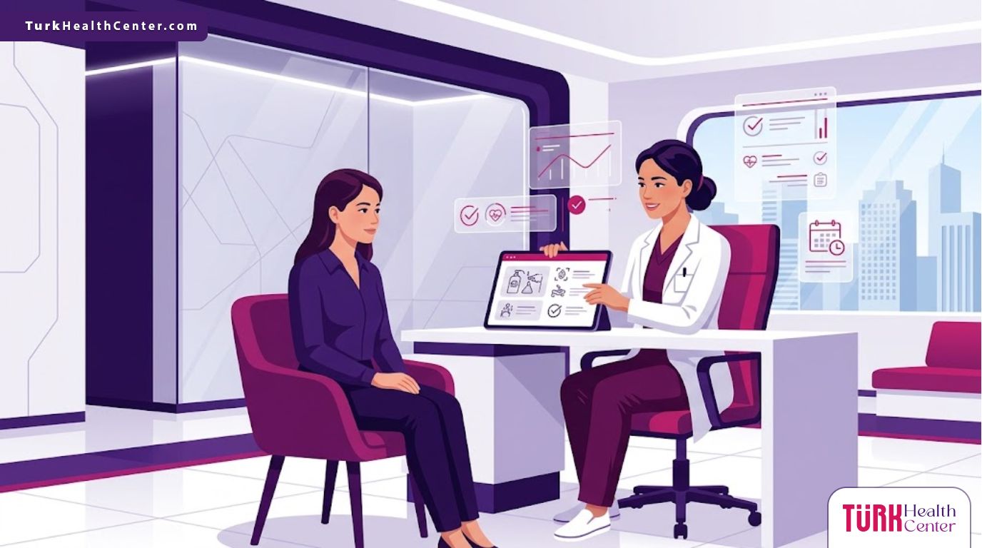 رسوم توضيحية لعيادة حديثة تشرح إجراءات السلامة لتجنب مخاطر شد الجسم السفلي في تركيا