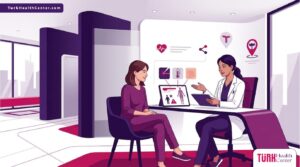 رسم توضيحي لطبيب يشرح مخاطر شد الجسم بالليزر في تركيا لمريض داخل عيادة تجميل حديثة 