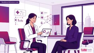 رسم توضيحي طبي متقدم يظهر طبيباً يشرح لمريض تفاصيل ومحاذير مخاطر شفط الدهون بتقنية سمارت ليبو داخل عيادة حديثة 