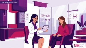 رسم توضيحي يظهر طبيب يشرح للمريض مخاطر شفط الدهون مع الحقن في عيادة طبية حديثة 