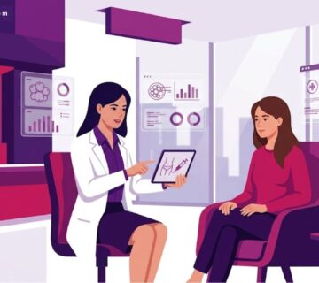 رسم توضيحي يظهر طبيب يشرح للمريض مخاطر شفط الدهون مع الحقن في عيادة طبية حديثة 