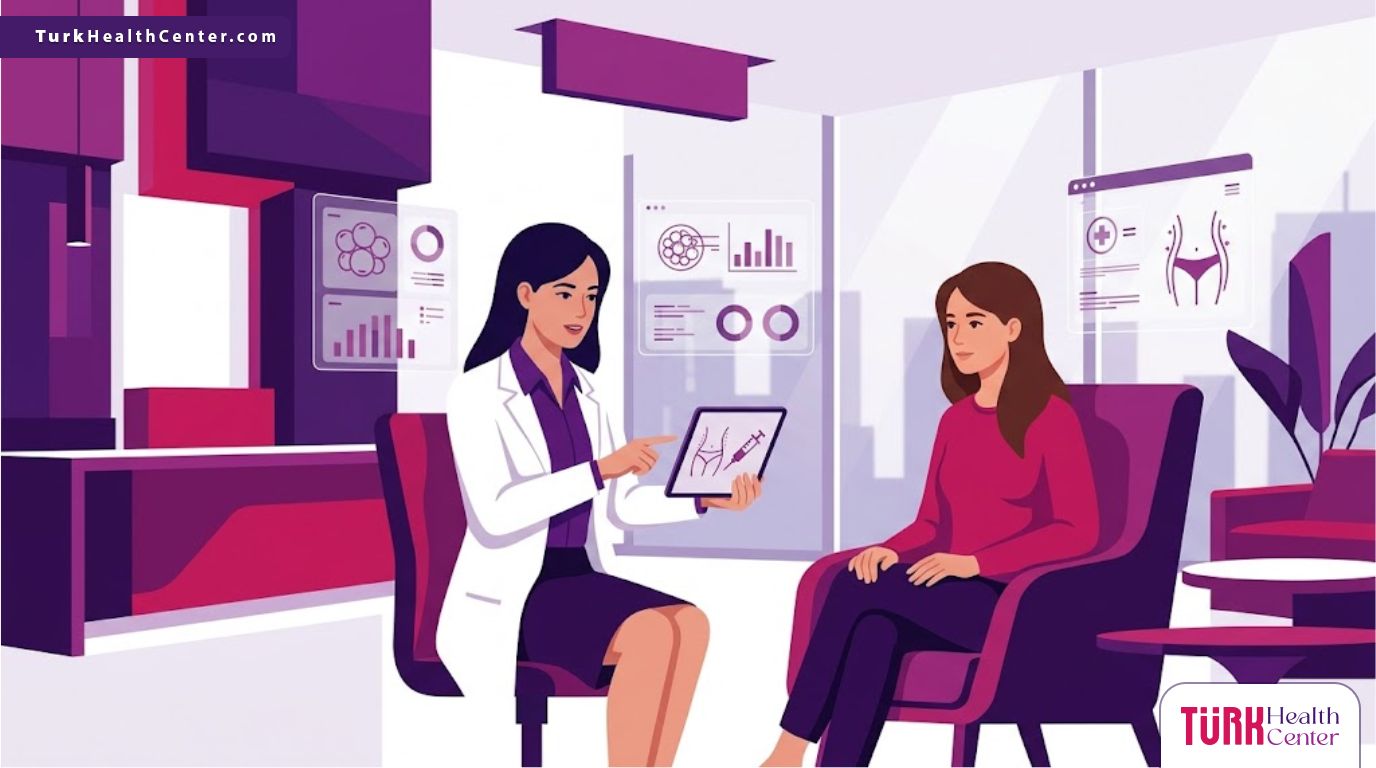 رسم توضيحي يظهر طبيب يشرح للمريض مخاطر شفط الدهون مع الحقن في عيادة طبية حديثة 