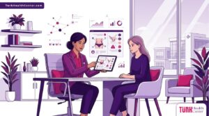 رسوم توضيحية لطبيب يشرح مخاطر شفط الدهون مع شد الجلد لمريض في عيادة فاخرة 