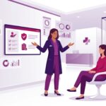 رسم توضيحي طبي متقدم يظهر طبيباً يشرح للمريض كيفية تجنب مخاطر شفط دهون الأرداف في تركيا داخل عيادة حديثة 