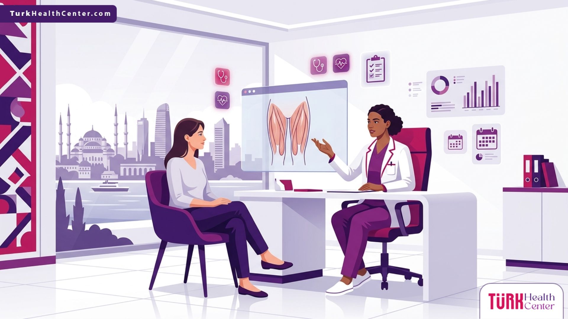 رسم توضيحي لطبيب يشرح للمريضة كيفية تجنب مخاطر شفط دهون الأفخاذ في تركيا بأمان في عيادة حديثة 