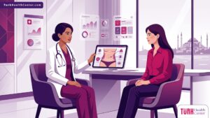 طبيب يشرح مخاطر شفط دهون البطن في تركيا للمريض داخل عيادة طبية حديثة