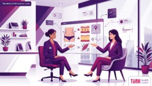 رسم توضيحي يظهر طبيب في عيادة تركية حديثة يشرح للمريض كيفية تفادي مخاطر شفط دهون الخصر في تركيا 