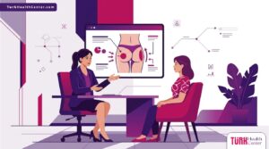 رسم توضيحي عصري لعيادة تجميل فخمة يشرح فيها الطبيب تفاصيل مخاطر نحت الأرداف في تركيا للمريض 
