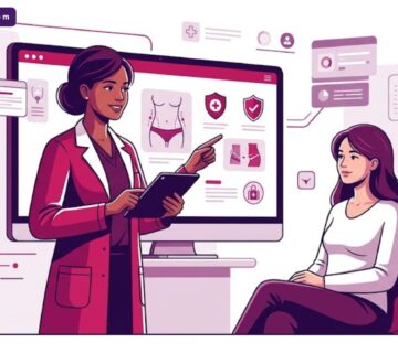 رسم توضيحي يظهر طبيباً يشرح سبل الأمان لتجنب مخاطر نحت البطن في تركيا داخل عيادة فاخرة 