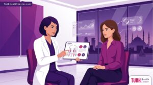 رسم توضيحي يظهر طبيب يشرح مخاطر نحت الجسم بالجي بلازما في تركيا لمريض في عيادة فاخرة 