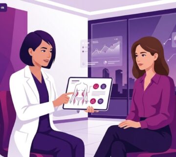 رسم توضيحي يظهر طبيب يشرح مخاطر نحت الجسم بالجي بلازما في تركيا لمريض في عيادة فاخرة 