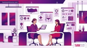 رسم توضيحي يظهر طبيب يشرح مخاطر نحت الخصر في تركيا لمريضة داخل عيادة عصرية فخمة بألوان أرجوانية 