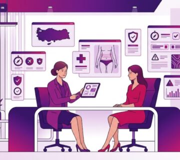 رسم توضيحي يظهر طبيب يشرح مخاطر نحت الخصر في تركيا لمريضة داخل عيادة عصرية فخمة بألوان أرجوانية 