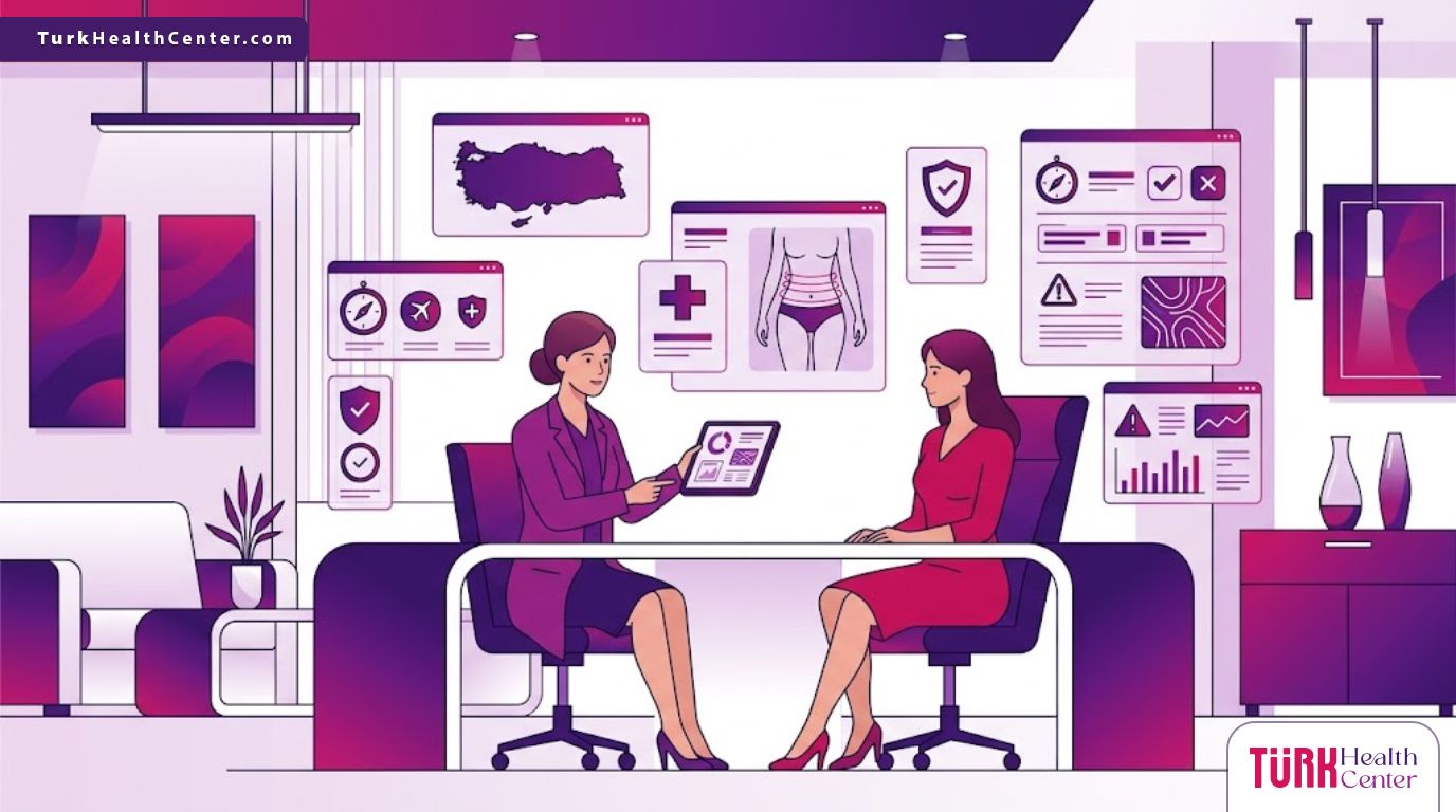 رسم توضيحي يظهر طبيب يشرح مخاطر نحت الخصر في تركيا لمريضة داخل عيادة عصرية فخمة بألوان أرجوانية 