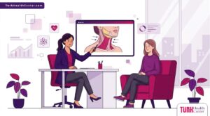 رسم توضيحي يظهر طبيب يشرح مخاطر نحت الرقبة في تركيا لمريض داخل عيادة فاخرة بأسلوب فيكتور عصري 