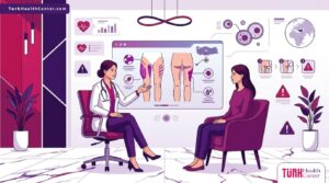 رسم توضيحي عصري يظهر طبيب يشرح كيفية تجنب مخاطر نحت الفخذين في تركيا للمريض داخل عيادة فاخرة 
