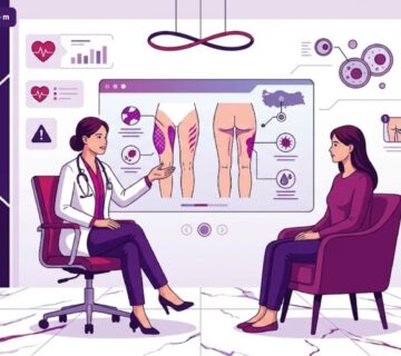 رسم توضيحي عصري يظهر طبيب يشرح كيفية تجنب مخاطر نحت الفخذين في تركيا للمريض داخل عيادة فاخرة 