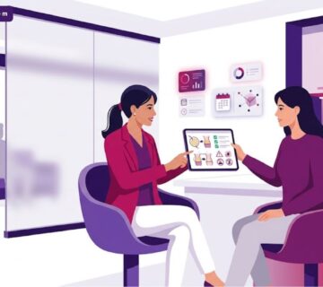 رسم توضيحي يظهر طبيب يشرح تفاصيل تكلفة نقل الدهون في تركيا لمريض داخل عيادة فاخرة 