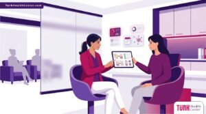 رسوم توضيحية راقية لطبيب يشرح مخاطر نقل الدهون في تركيا للمريض داخل عيادة حديثة 