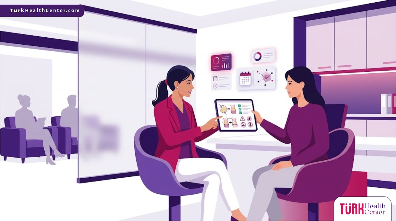 رسوم توضيحية راقية لطبيب يشرح مخاطر نقل الدهون في تركيا للمريض داخل عيادة حديثة 