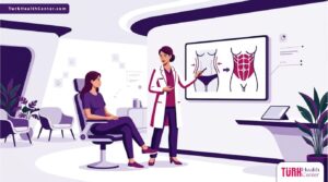 رسوم توضيحية لعيادة فاخرة تشرح ميزات ​نحت البطن وإبراز العضلات للمرضى 