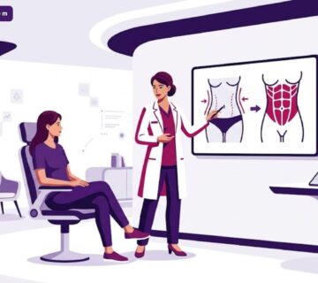 رسوم توضيحية لعيادة فاخرة تشرح ميزات ​نحت البطن وإبراز العضلات للمرضى 