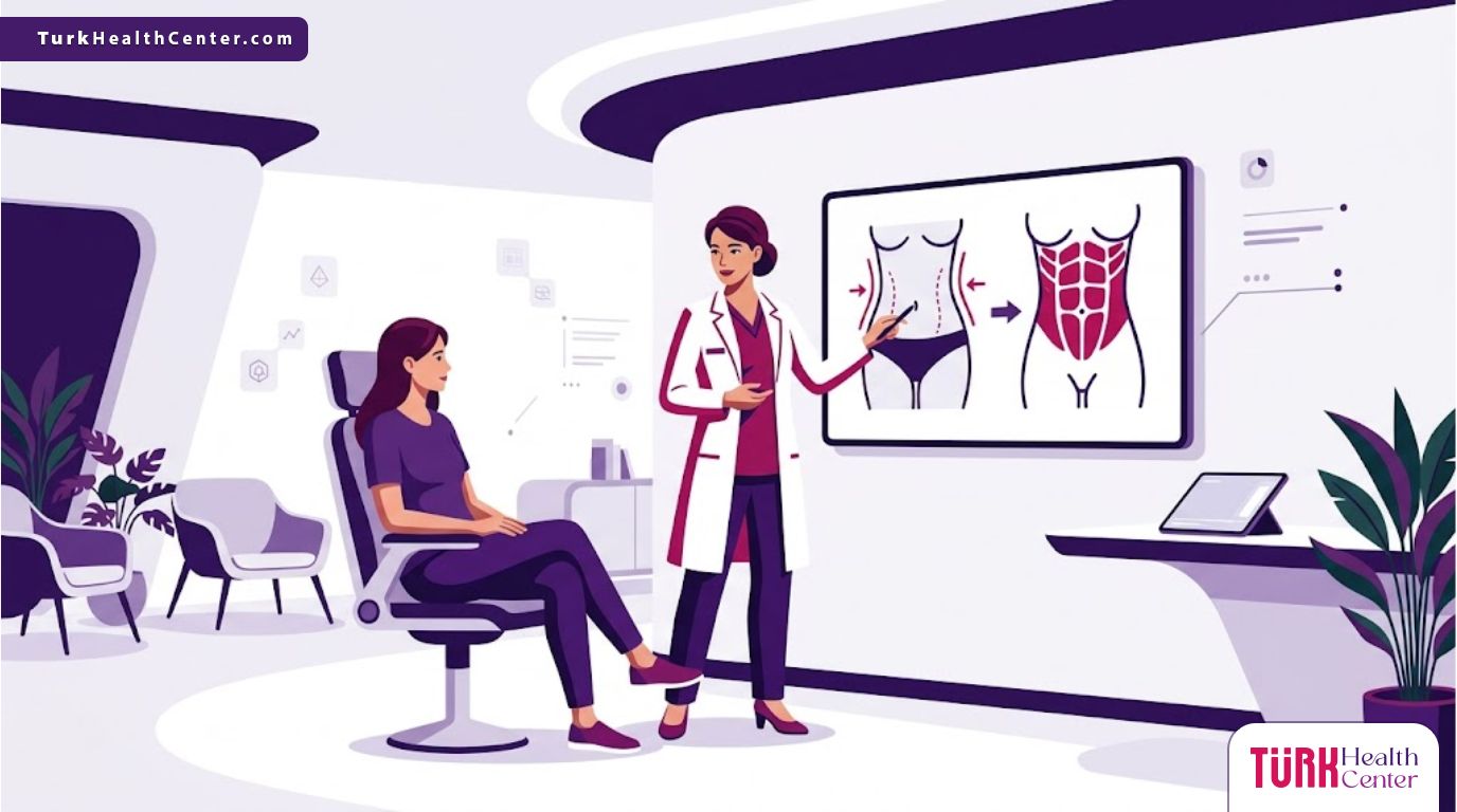 رسوم توضيحية لعيادة فاخرة تشرح ميزات ​نحت البطن وإبراز العضلات للمرضى 