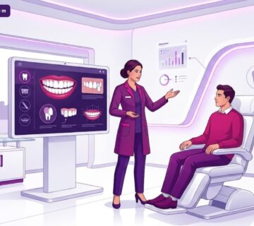 رسم توضيحي عصري لعيادة أسنان فاخرة يشرح فيها الطبيب ميزات ابتسامة هوليود في تركيا للمريض 