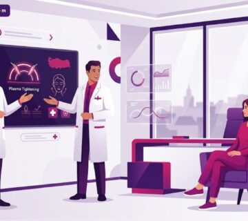 رسم توضيحي عصري يظهر طبيباً يشرح ميزات الشد بالبلازما في تركيا لمريض في عيادة فاخرة 