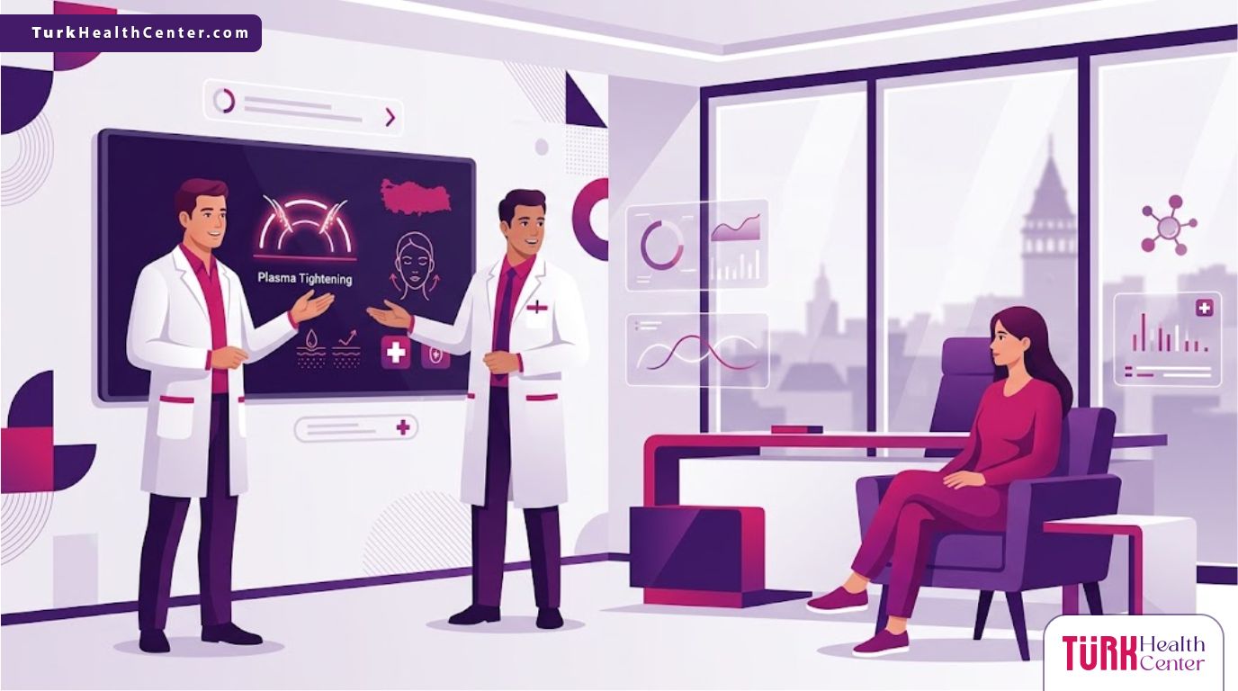 رسم توضيحي عصري يظهر طبيباً يشرح ميزات الشد بالبلازما في تركيا لمريض في عيادة فاخرة 