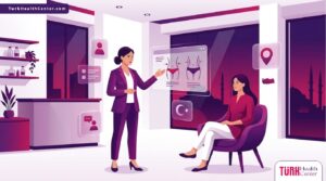 رسم توضيحي عصري يظهر طبيب يشرح ميزات تجميل الجسم في تركيا لمريض داخل عيادة فاخرة بألوان الأرجواني والبنفسجي 