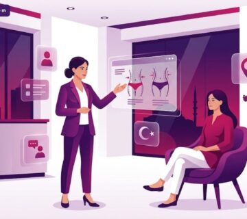 رسم توضيحي عصري يظهر طبيب يشرح ميزات تجميل الجسم في تركيا لمريض داخل عيادة فاخرة بألوان الأرجواني والبنفسجي 