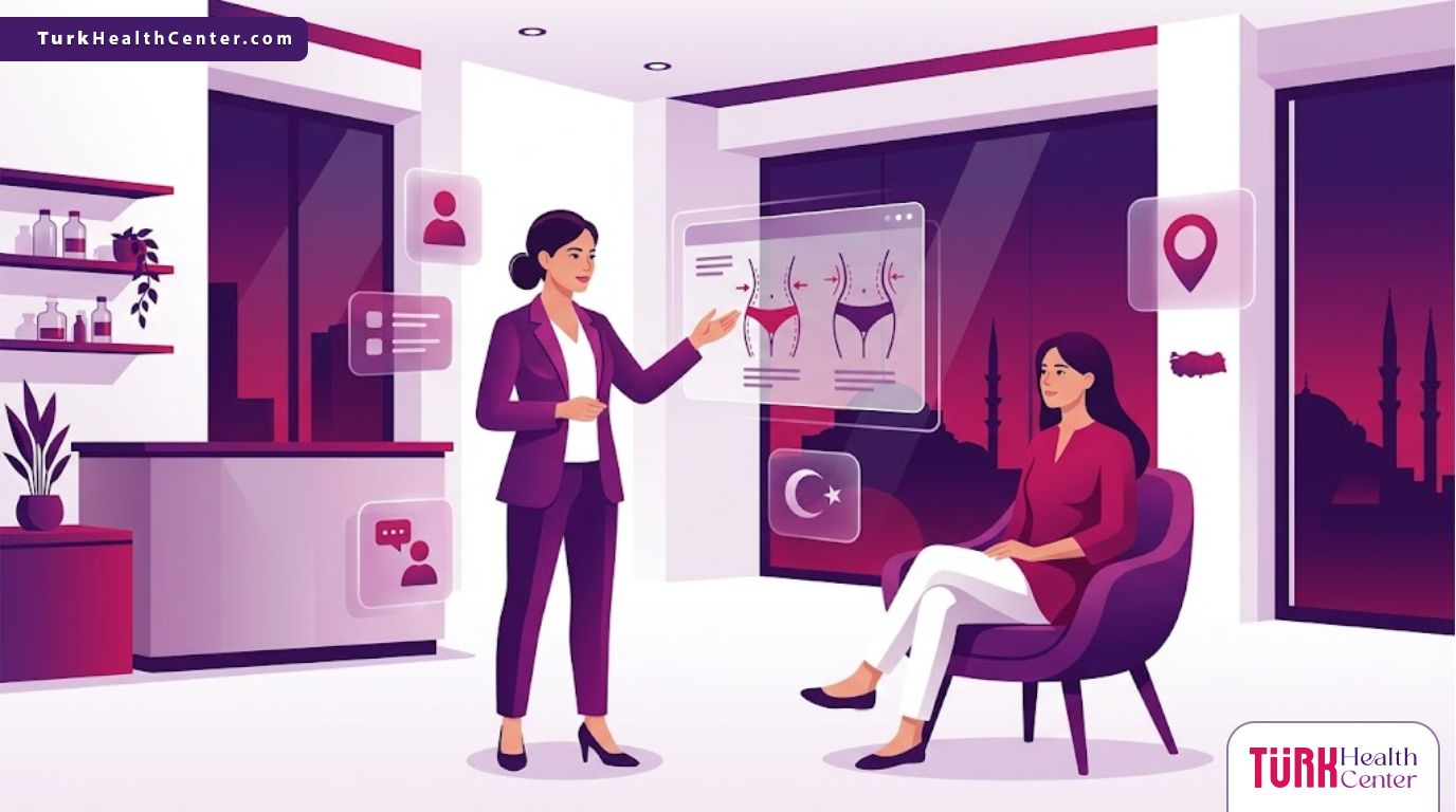 رسم توضيحي عصري يظهر طبيب يشرح ميزات تجميل الجسم في تركيا لمريض داخل عيادة فاخرة بألوان الأرجواني والبنفسجي 