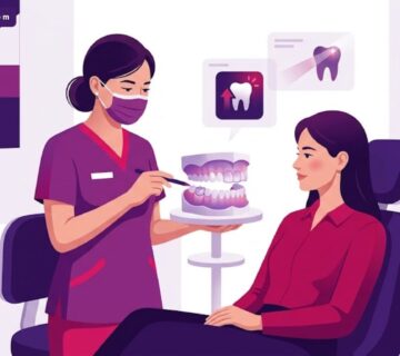 رسم توضيحي يظهر طبيب أسنان يشرح ميزات تيجان الزيركون في تركيا لمريض داخل عيادة عصرية وفاخرة 