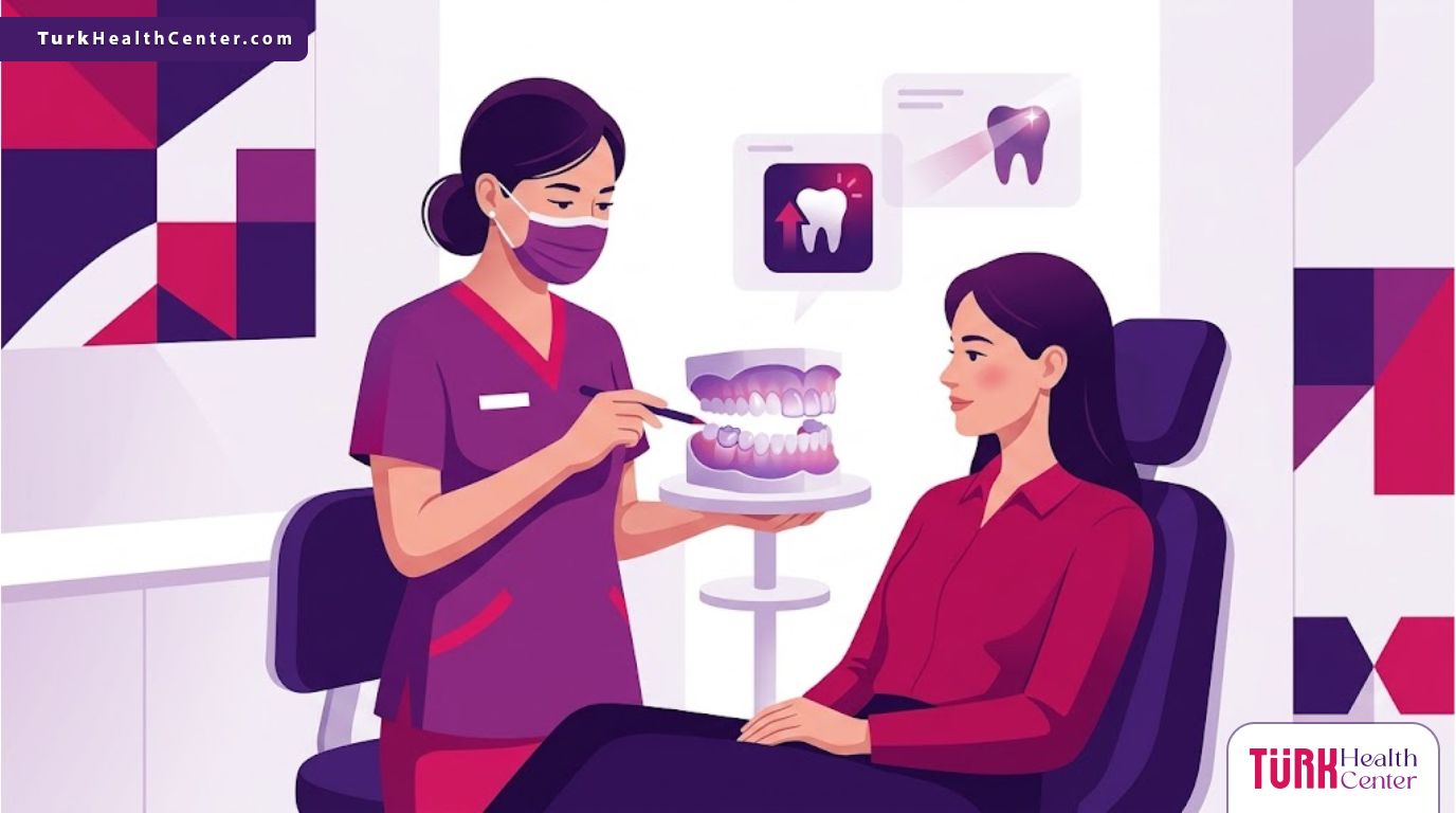 رسم توضيحي يظهر طبيب أسنان يشرح ميزات تيجان الزيركون في تركيا لمريض داخل عيادة عصرية وفاخرة 