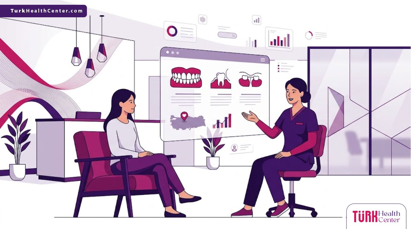 رسم توضيحي يظهر طبيب يشرح ميزات جراحة اللثة التجميلية في تركيا للمريض داخل عيادة فاخرة 